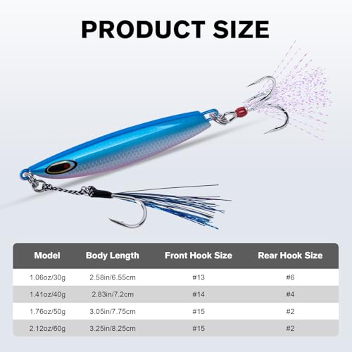 Goture Fishing Jigs, 30g 40g 50g 60g Vertical Jig Saltwater Freshwater, Jig Lures with Assist Hook and Treble Hook, 5PCS Jigging Spoon Lures with Tackle Box, Fishing Jigs for Tuna, Salmon, Bass - color: A1 with Tackle Box, size: 60g