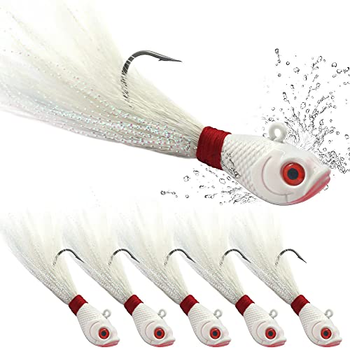 Bucktail-Jigs-Saltwater-Hair-Jigs-Head -Fishing-Lures-Assorted Kit - color: All White -5 Piece Kit, size: 2 oz 5 pack