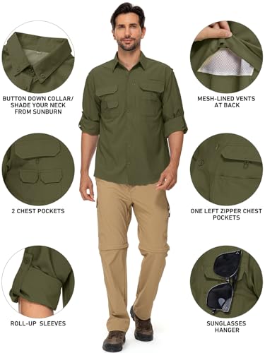 linlon Mens Safari Shirts Long Sleeve UV Protection Hiking Fishing UPF 50+ Quick Dry Cooling Camping Travel Shirts - color: 0live Green, size: XX-Large