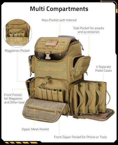 CVLIFE Tactical Range Backpack with Removable Divider, Gun Cases Bag with 4 Pistol Carrying Cases, Rucksack for Shooting (Tan, Medium) - color: Tan