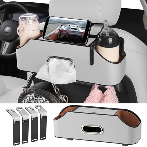 Car Rear Backseat Extra Multifunctional Drink Cup Holder Organizers with Tissue Storage Box Organizer & Hooks for Car Seat Back (Gray) - color: Gray