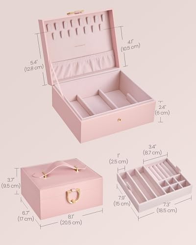 SONGMICS 2-Layer Jewelry Box Organizer, Jewelry Storage Case with Removable Tray and Handle, for Necklaces, Earrings, Rings, Bracelets, 6.7 x 8.1 x 3.7 Inches, Gift Idea, Jelly Pink UJBC208SA01S - color: Jelly Pink