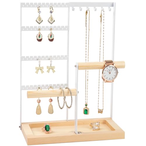 Jewelry Organizer Stand, Jewelry Holder, Lengnoy 4 Tier Earring Holder with 48 Holes and 6 Hooks Necklace Organizer Wood Box for Necklace Bracelet Earring Ring, White - color: White, size: 11 IN