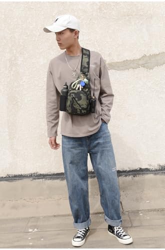 Tactical Chest Sling Bag with Water Bottle Holder & Key Ring Strap, Military Molle Camouflage Backpack for Fishing