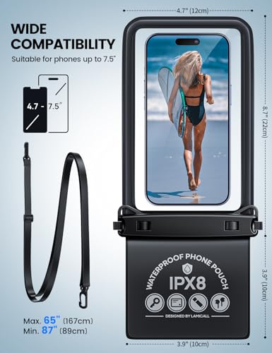 Lamicall Double Pocket Waterproof Phone Pouch - IPX8 Dry Bag - Privacy Storage for Card & Key - Cruise Ship, Beach Essentials for iPhone 17 16 15 14 13 Pro Max, Galaxy S25, for Bulky Cases up to 7.5" - color: Black