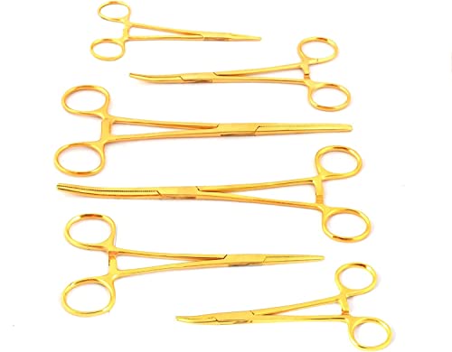 Premium Quality Ultimate Set of 6 Pcs Straight & Curved Hemostat Forceps Locking Clamps Stainless Steel Serrated Jaws for Better Grip-Ideal for Nurses, Fishing + More (Gold Color) - color: Gold Color