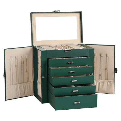 Frebeauty Large Jewelry Box,6-Tier PU Leather Jewelry Organizer,Multi-functional Storage Case with Mirror,Accessories Holder with 5 Drawers for Necklace Bracelets Watches(Blackish Green) - color: Blackish Green, size: Large
