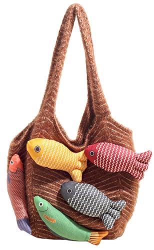 Knitted Beach Shoulder Bag for Women 3D Fish Bohemian Tote Versatile Purse Soft Hobo Handbag for Summer Vacation 2026 - color: E Brown