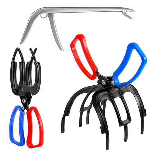 3 Packs Upgrade 2/3 Claw Fish Gripper with Stainless Steel Hook Remover, Metal Fishing Pliers Gripper Catch Control Clamp,Fish Grip Tackle Holder & Steel Dehooker for Freshwater and Saltwater Fishing