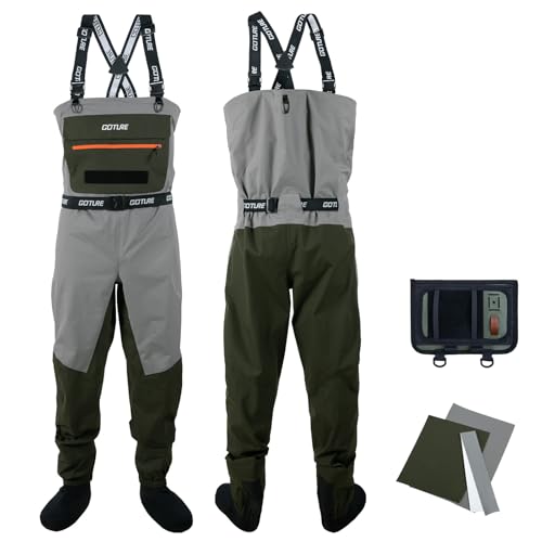 Goture 5-Layer Waterproof Stocking Foot Waders, Breathable Fly Fishing Waders for Men Women, Multiple Storage Pockets 5 Sizes - color: Green - Gift Box Pack, size: X-Large