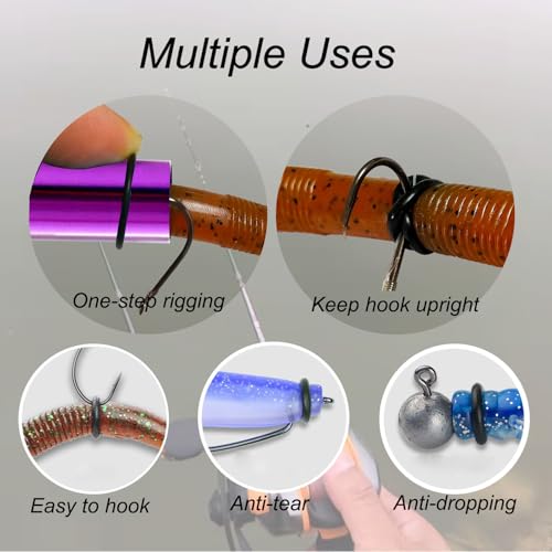 Wacky Rigging Tool, Fishing Bait Rigs, Wacky Rig Ring Tool with 70PCS Worm O-Rings, Wacky Worm Kit for Senko Neko Finesse Stick Soft Baits - color: Purple + a fishing lanyard