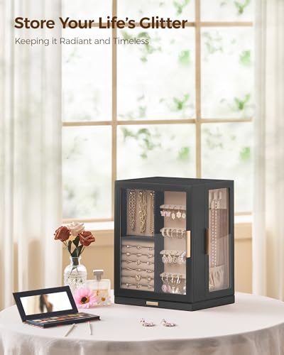 Glimmloop 360° Rotating Jewelry Box with 5 Drawers, Spacious Vertical Jewelry Organizer with Glass Window, Jewelry Storage Case, Dustproof & Moisture-resistant Design, Black - color: Black, size: 5 Drawers (6.2"D x 9.2"W x 11.4"H)