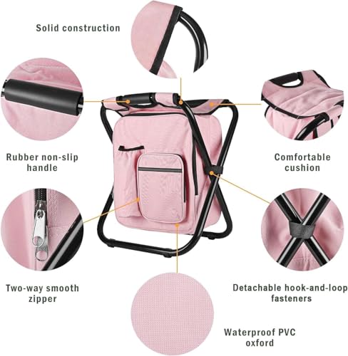 Kikerike Backpack Stool Cooler Chair Heavy Duty 300 LBS Max Load Portable Lightweight Stool Backpack Folding Fishing Cooler Seat for Camping Hunting Fishing - color: Pink