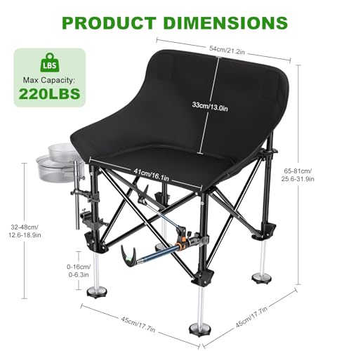 Folding Fishing Chair with Complete Accessories, Portable Camping Chair for Outdoor Fishing, 220LBS Load-Bearing, Non-Slip All-Terrain Design with Storage Bags, Carbon Steel Fishing Chair - color: Black