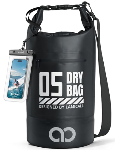 Lamicall Waterproof Dry Bag with Phone Pouch - 5L/10L/20L/30L/40L Floating Roll Top Backpack for Kayaking Boating Beach Camping Fishing - Heavy Duty 500D PVC Marine Dry Sack for Men, Women, Black 5L - color: Black, size: 5L