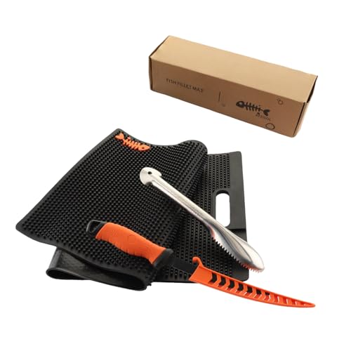 32 Inch Non Slip Fish Fillet Mat Heavy Duty Rollable Fish Bait Cutting Board Large Size Fish Cleaning Mat with 7 inch Fillet Knife and Fish Scaler Portable Fish Fillet Mat