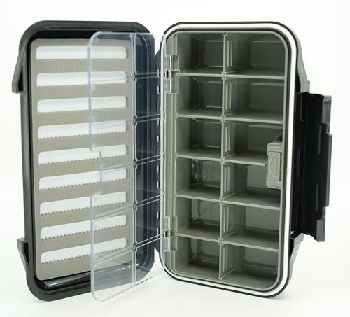 Kingfisher Large Waterproof 12 Compartment and Foam Fly Fishing Box - color: Black