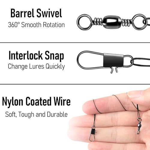 Alwonder 50-Pack Fishing Leaders, Fish Line Stainless Steel Wire with Swivels Snap, High-Strength 30LB Hi-Low Rig Fishing Wire Leader Fishing Tackle Gear Connector for Lures Baits Rigs Hooks - color: Black, size: 8IN