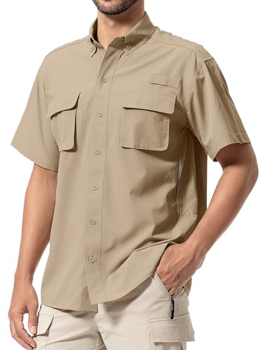 Mens Short Sleeve Button Down Shirts UPF 50+ Sun Protection Quick Dry Fishing Shirt for Travel Hiking Safari Camping - color: Tan Khaki, size: Small