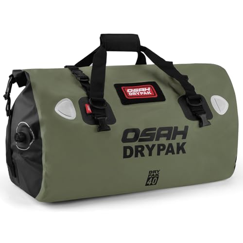 OSAH DRYPAK Waterproof Duffel Bag - Motorcycle Dry Bag Tail Bag with Large Storage Space, Waterproof Luggage Duffle Bags with Outer Mesh Zipper Pocket for Camping, Kayaking, Fishing & Traveling - color: Olive, size: 40L