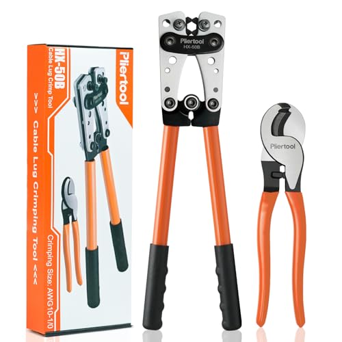 Battery Cable Crimper Tool For AWG 10-1/0 Gauge Electrical Lug, Battery Terminal Connectors with Cable Cutter, Wire Crimping Tool For Heavy Duty Copper Wire Lugs