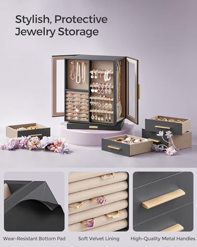SONGMICS GISELLA Collection - Jewelry Box Organizer 360° Rotating, Vertical Jewelry Storage Case with 5 Drawers, Glass Window, Spacious, Open Design, Great Gift, Slate Gray UJBC170G01 - color: Slate Gray, size: 5 Drawers (6.3"d X 8.7"w X 11.2"h)