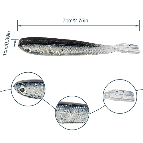 Syosisny 50 PCS Plastic Soft Fishing Lure, Lifelike Forked Tail Minnow, Fishing Baits Tackle for Saltwater and Freshwater Bass, Crappie, Walleye, or Trout Lures