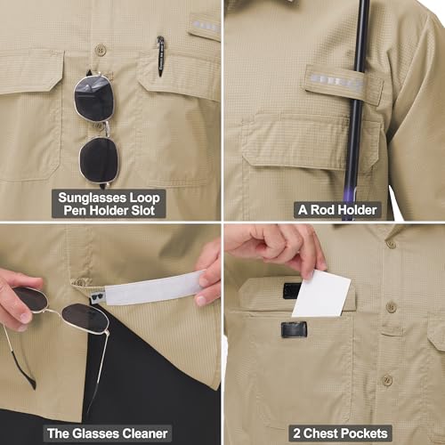 Satankud Mens Long Sleeve Fishing Shirts UPF 50+ Sun Protection Cooling Hiking Shirt for Travel Safari Work - color: Khaki, size: XX-Large