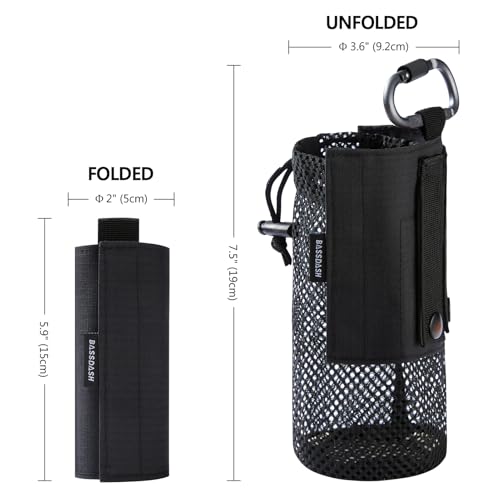 BASSDASH Tactical Molle Water Bottle Pouch with Carabiner Foldable Mesh Holder Bag for Travel Fishing Hunting Hiking Outdoor Activities - color: Black with Molle Straps