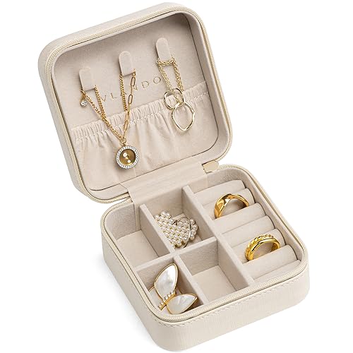 VLANDO Wedding Bridesmaid Gifts - Mothers Day Gifts - Small Jewelry Travel Organizer, Travel Jewelry Case for Ring, Earring, Necklace, Bracelet - Milky White - color: B.Beige