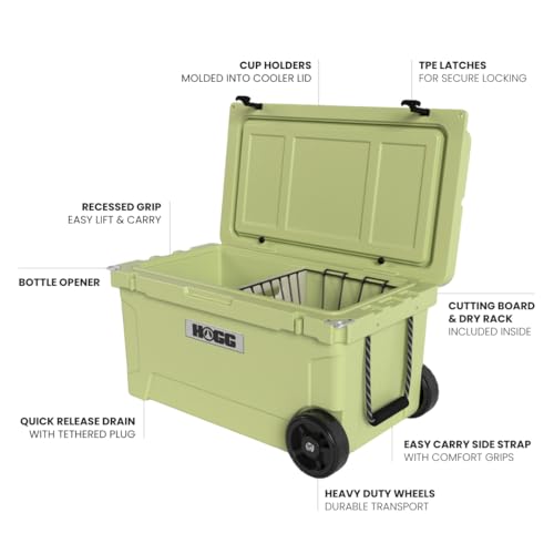 Hogg Rotomolded Coolers, Ice Chest with Wheels, Wheeled Cooler, Rotomolded Ice Chest, Dry Storage, Fishing and Camping Items, Birthday Gifts for Men - color: Willow Haze, size: 65qt
