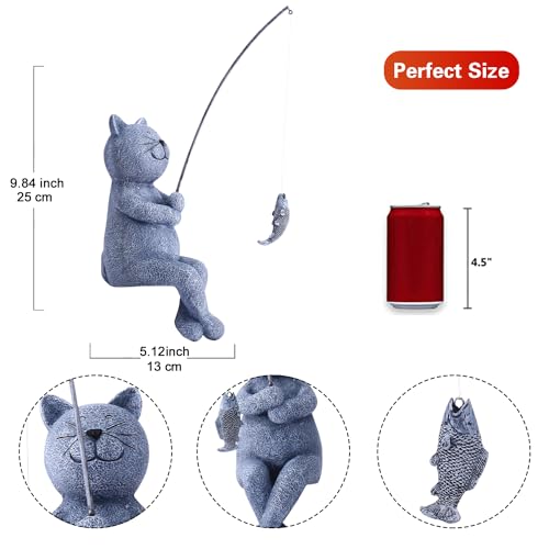Goodeco Fishing Cat Garden Statue – 10" Little Cat Fisher for Garden Pond Decor, Poolside Statue with Glow in Dark Pebbles Included,Great Gifts for Mom, Women & Birthdays (Cat) - color: Grey Cat
