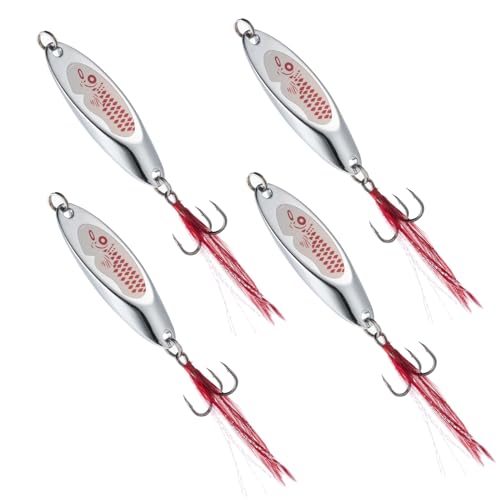 Goture Metal Spoon Trout Lures - Long Distance Casting for Trout, Bass, Crappie, Pike, Salmon - Saltwater & Freshwater - 1/4oz to 1-3/8oz Jigging Spoons - color: A:4pcs Fishing Spoons with Feather, size: 1 oz
