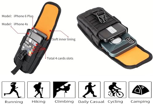 MOLLE EDC Waist Tool Pouch with Key Ring for Fishing,Camping,Hiking | Soft fleece lining protects,4 card slots,cash pocket, pen holder,Adjustable strap holds phone firmly - color: Black