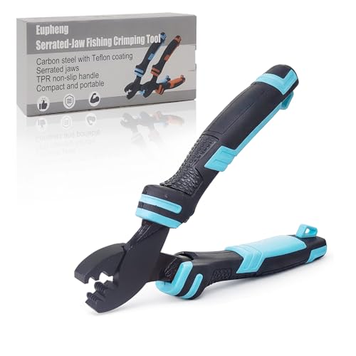 Eupheng Fishing Crimping Pliers Tools Secure Crimp Without Damaging Line, 6-Tooth Serrated Jaws Crimper with 240pcs Copper Sleeves, 5.9in Carbon Steel for Saltwater & Freshwater - color: Crimping Pliers (Blue)