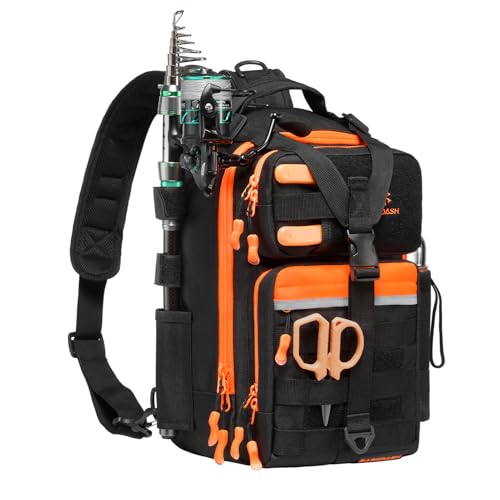 BASSDASH Convertible Fishing Backpack Sling Bag with Rod Holder, Adjustable Tactical Water-Resistant Tackle Storage Pack FP07 - color: Black/Blaze Orange, size: Standard