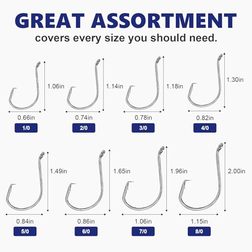 UCEC Circle Hooks Fishing Hooks 2X Strong Offset Circle Hooks Saltwater Black High Carbon Steel Octopus Catfish Hooks Fishing Gear Tackle 150pcs/ 240pcs - Size:#1 1/0 2/0 3/0 4/0 5/0 6/0 8/0 - color: Silver Assortment, size: 180pcs, 1/0 2/0 3/0 4/0 5/0 6/