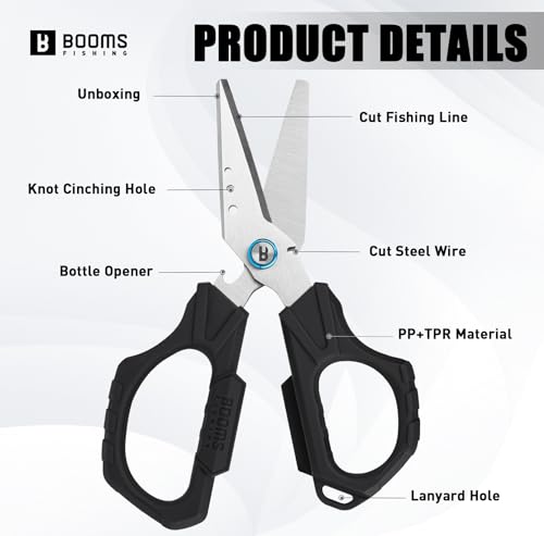 Booms Fishing Braided Line Cutter: 6.3in Multifunction Fishing Scissors with Retractor - Fishing Shears with Serrated Blades and Side Wire Cutter, S04 - style: Scissors with Retractor
