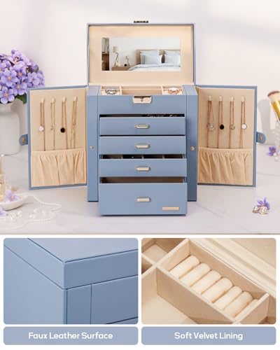 Homde Synthetic Leather Huge Jewelry Box Mirrored Watch Organizer Necklace Ring Earring Storage Lockable Gift Case (Grey Blue + Gold) - color: Grey Blue + Gold