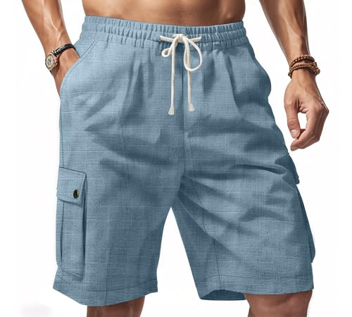 Mens Casual Linen Cargo Shorts Summer Fashion Solid Color Drawstring Elastic Waisted Beach Shorts Pockets - color: Blue, size: X-Large