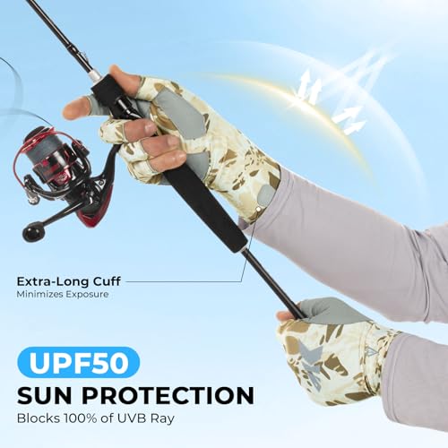 KastKing Agies Fishing Gloves Men, UPF 50+ Sun Gloves UV Protection, Cooling Quick-Dry 3/4 Fingerless Gloves with Extended Cuff, Microfiber Palm & Pull Tabs, for Fishing, Kayaking, Hiking, Hunting - color: X Camo-Neutral, size: Large-X-Large