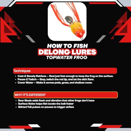 DeLong Bladed Topwater Frog Lure – 3.5” Weedless Double Hook Bass Frog – 5 Multi-Color Assortment Pack in Hard Case