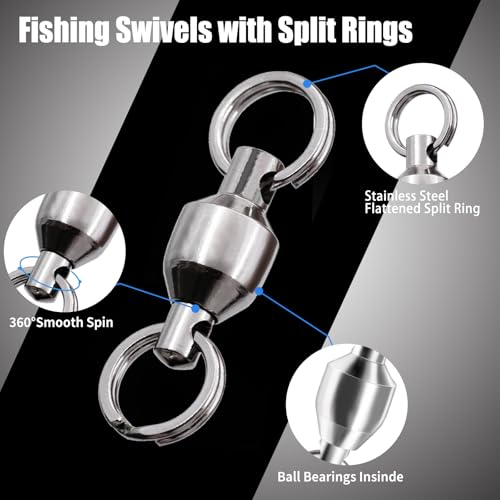FishTrip Fishing Swivels with Split Rings, 25/50pcs Ball Bearing Swivel Speed Clips Stainless Quick Change Connector for Saltwater - size: Size7_100lbs_25pcs