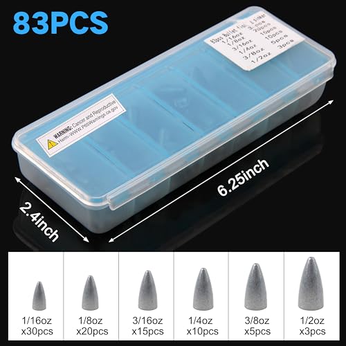 Bullet Fishing Sinkers Weights Slip Sinkers Kit- 29/83Pcs Fishing Worm Weights Assorted Set for Bass Fishing Saltwater - style: 83pcs Kit