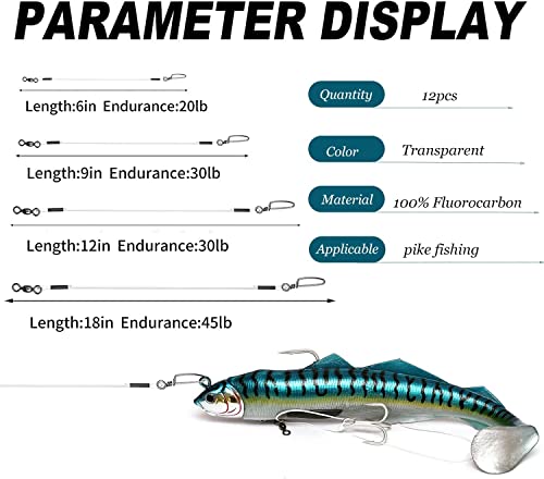 Fluorocarbon Fishing Leader,20LB-80LB Fluorocarbon Leaders for Saltwater Freshwater,100% Fluorocarbon Leaders Line with Swivels and Snap… - color: 24pcs, size: 9in-30lb