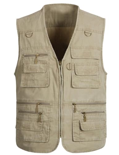 Flygo Men's Vest Plus Size 16 Pockets Leisure Outdoor Lightweight Fishing Photo Journalist Vest - color: Khaki, size: Medium