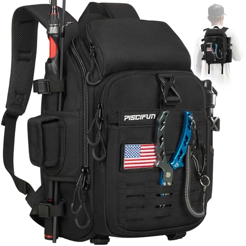 Piscifun Fishing Tackle Backpack with Rod & Gear Holder, Lightweight Outdoor Water-Resistant Fishing Shoulder Storage Bag with Protective Rain Cover, Black - color: Black, size: Standard