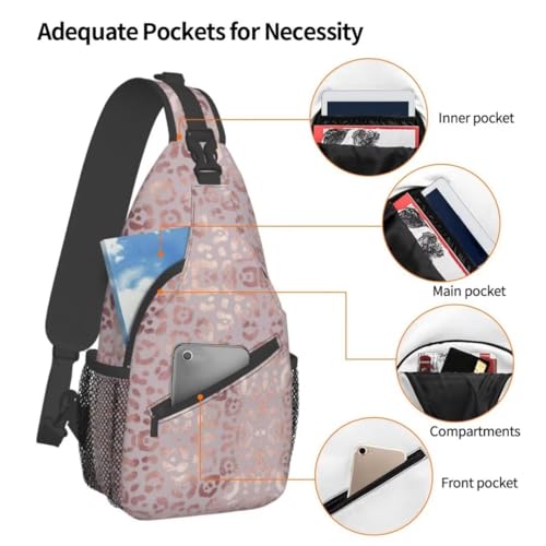 Leopard Print Sling Bag for Women - Elegant Rose Gold Texture Foil Effect Crossbody Bag - Casual Chest Shoulder Backpack Travel Daypack - color: Leopard Skin Rose Gold
