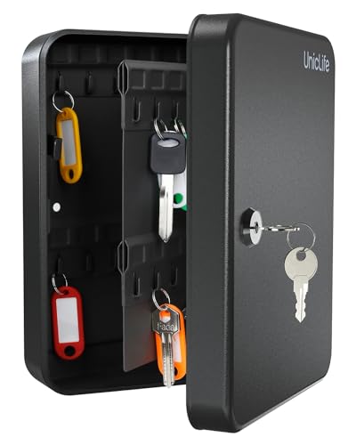 Uniclife 48-Key Steel Key Cabinet with 2 Unlocking Keys Wall Mounted Key Organizer Black Frosted Security Box with Hooks and Key Tag Labels Identifiers in 9 Assorted Colors - color: Black, size: 48-Key