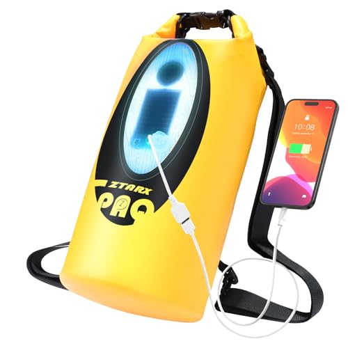 FELICON Waterproof Dry Bag Backpack with Bluetooth Speaker, 20L Roll Top Floating Sack, Solar & USB-C Powered Emergency Charger, RGB Light, Heavy Duty PVC for Kayaking Camping, Yellow - color: Yellow, size: 20L